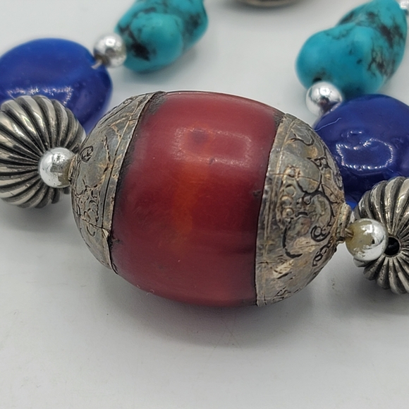 Chunky Beaded Necklace Copal Amber Turquoise Jasper Coral Mixed Metals Vintage - Picture 4 of 15